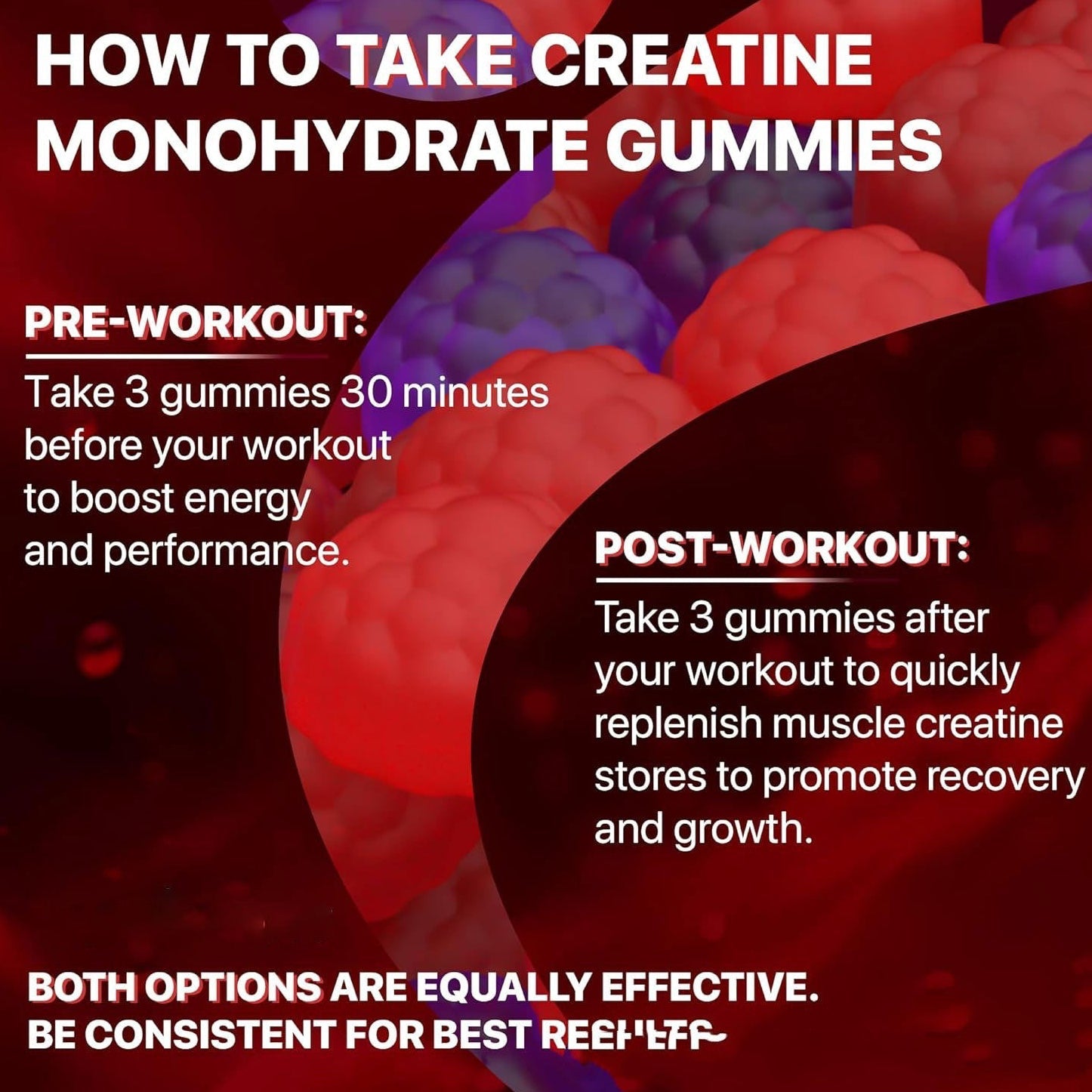 Creatine monohydrate gummies with supplement bottle, vegan and gluten-free