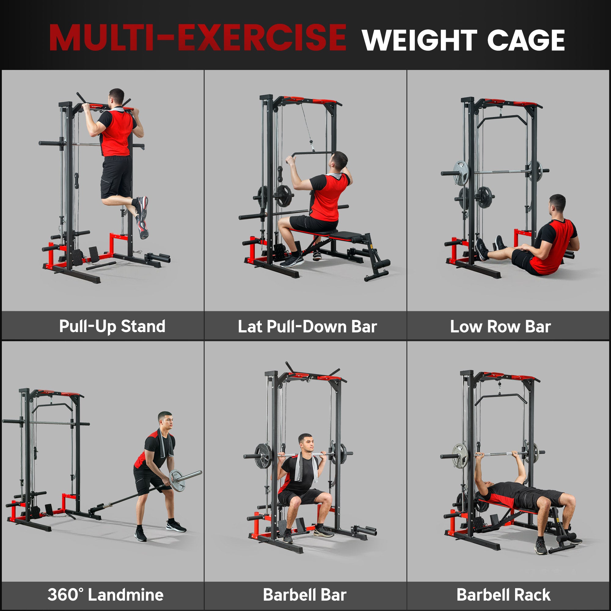 multi-exercise smith machine power rack with pull up bar lat pulldown low row landmine and barbell rack