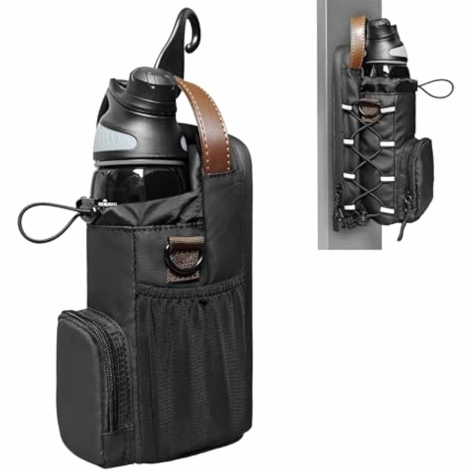 Magnetic gym water bottle holder bag attached to gym equipment