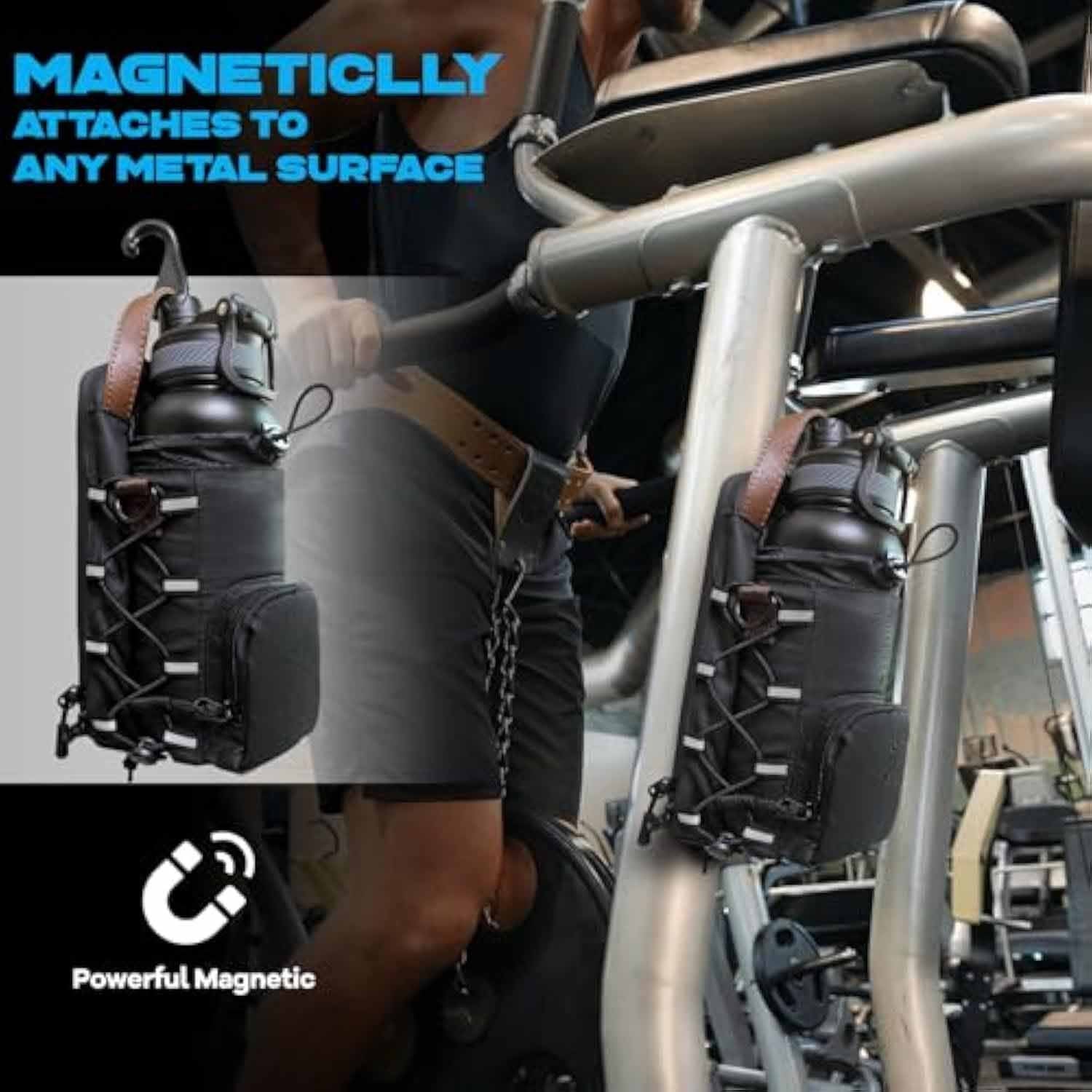 Magnetic gym water bottle holder bag attached to gym equipment
