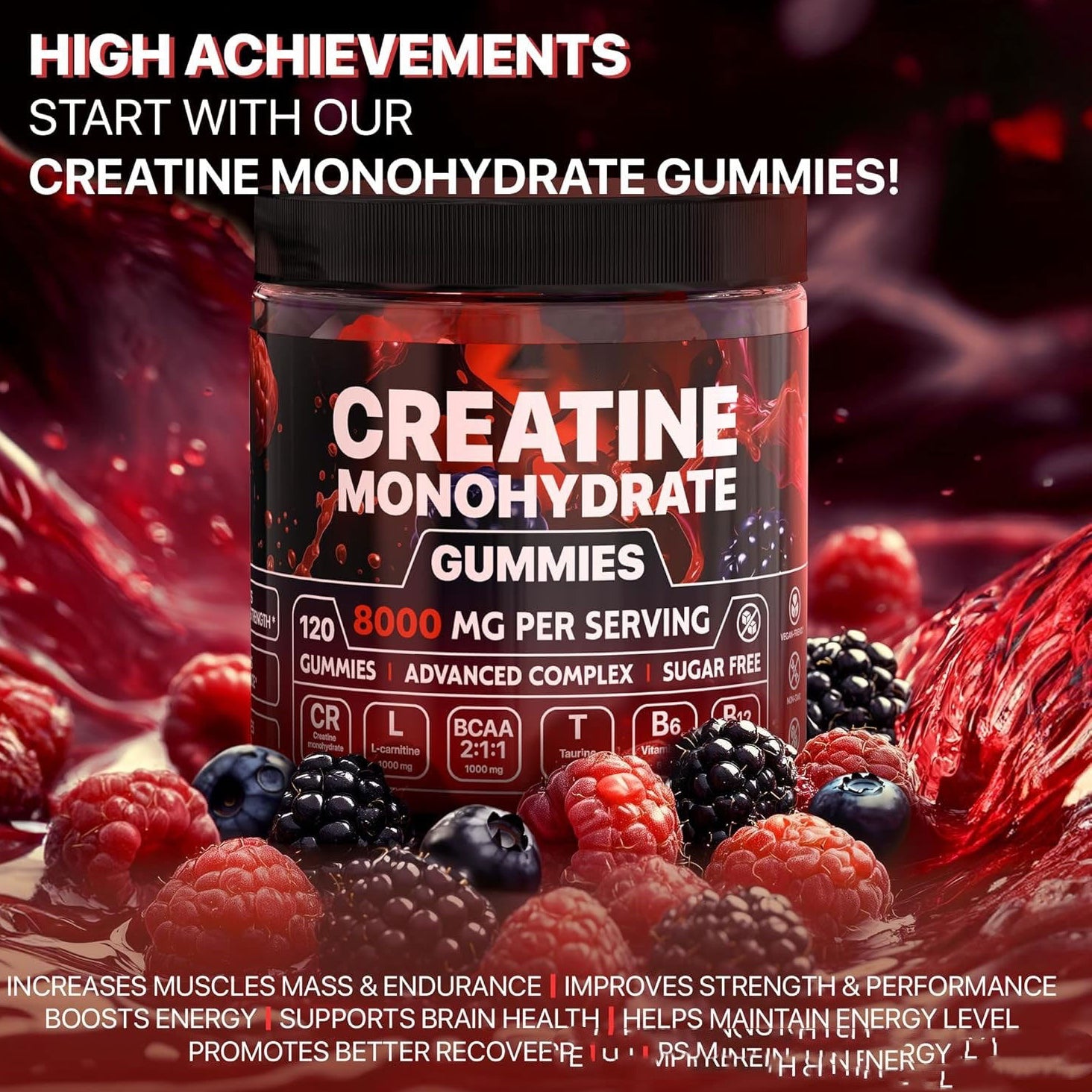 Creatine monohydrate gummies 8000 mg per serving, gluten-free supplement