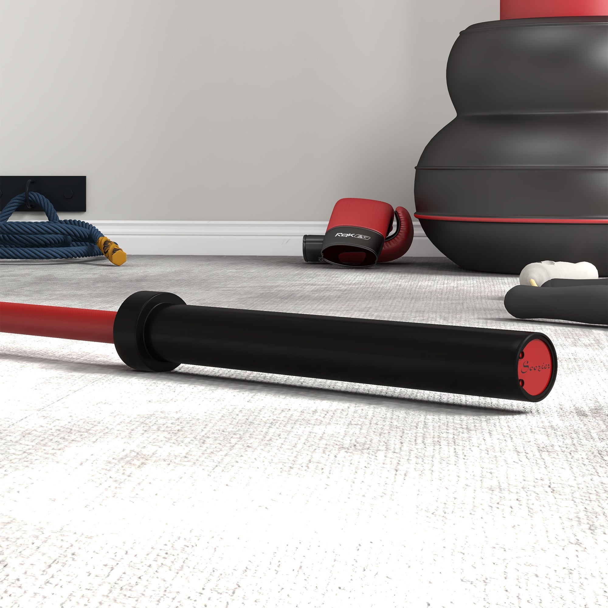 Olympic barbell with non-slip knurling grip and red finish detail