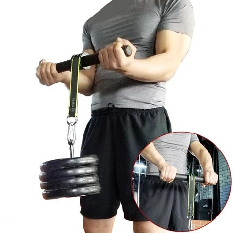 Wrist roller forearm trainer with weight plates attached