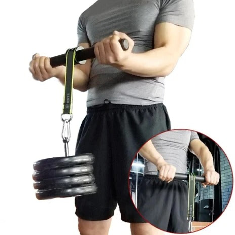 Wrist roller forearm trainer with weight plates attached