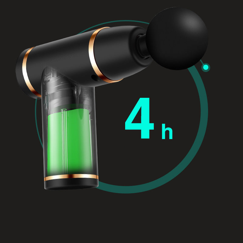 Mini massage gun handle showing battery capacity and 4 hour runtime indicator