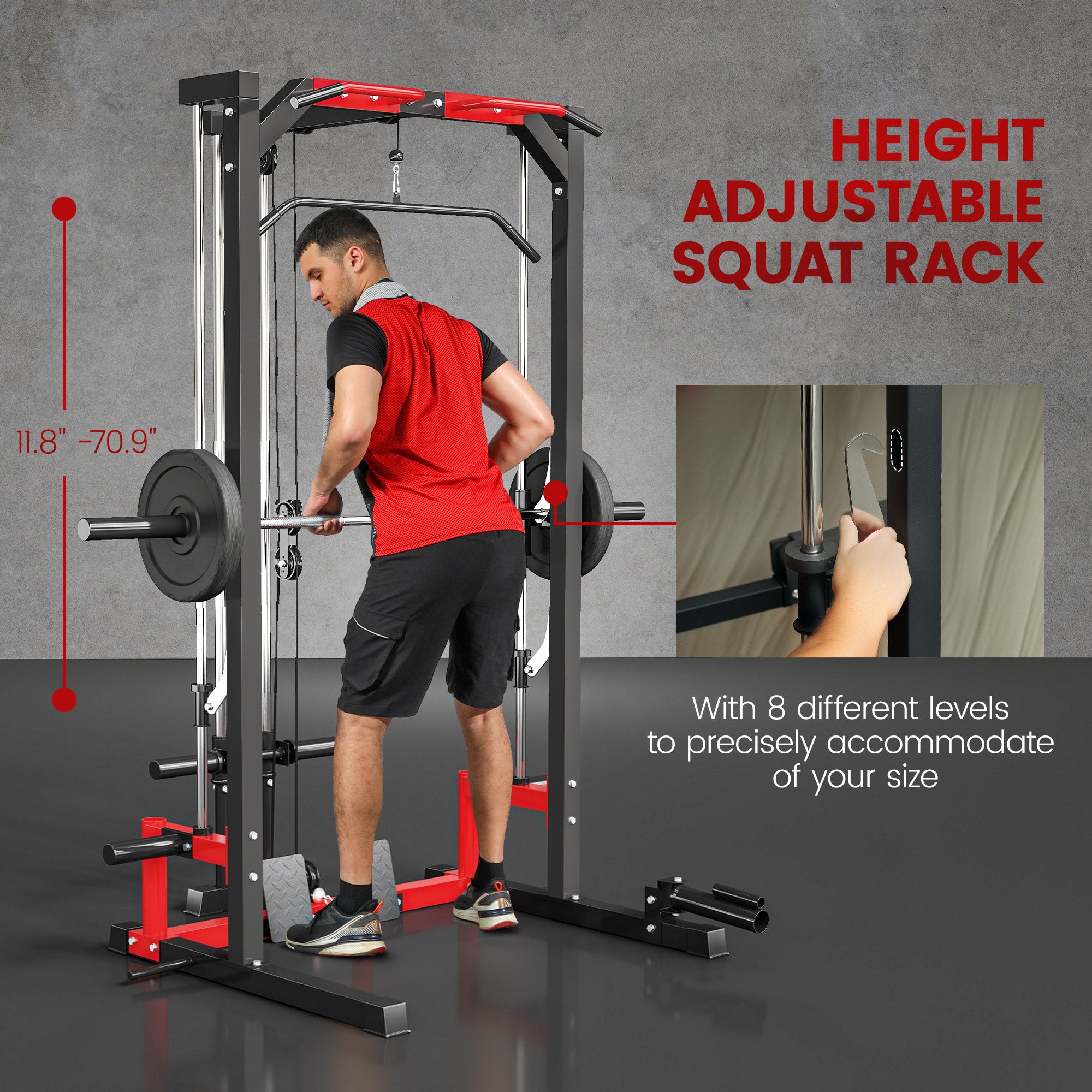 adjustable squat rack height on smith machine power rack for home gym