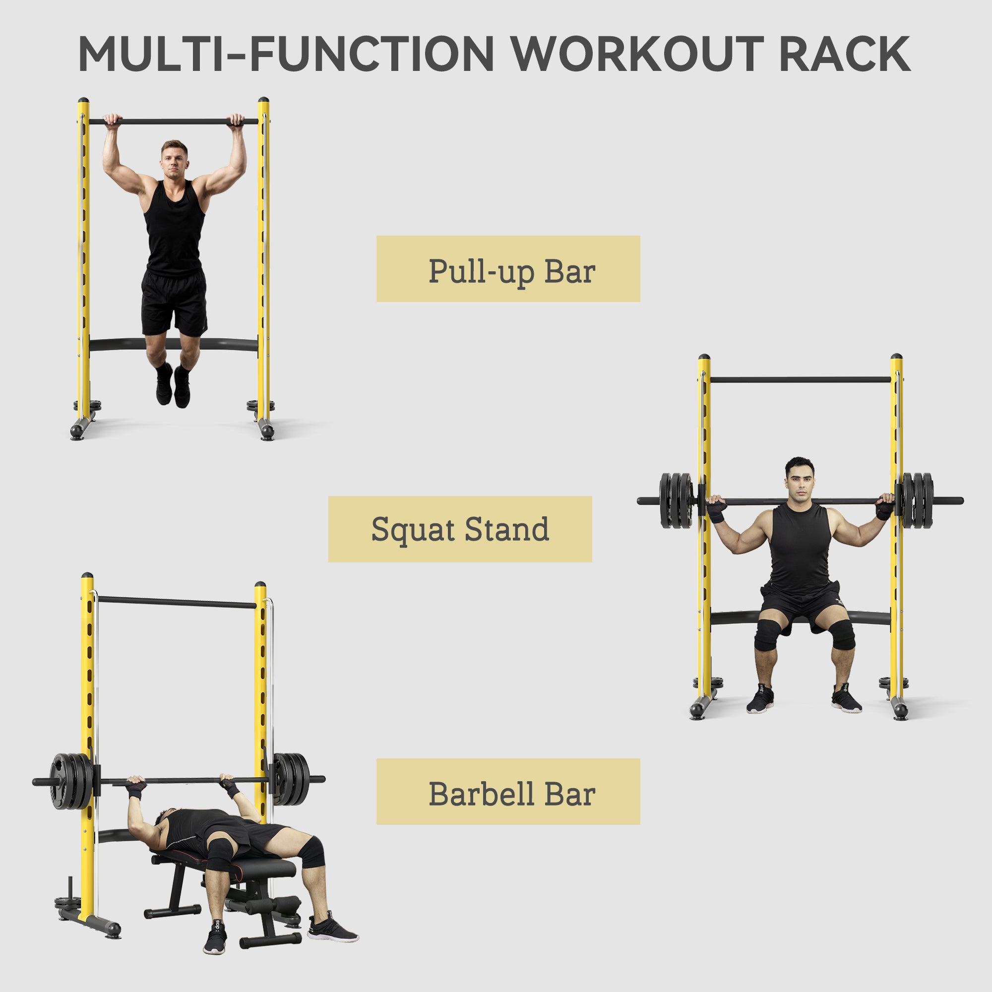 multi function squat rack with pull up bar and barbell used for squats bench press and pull ups