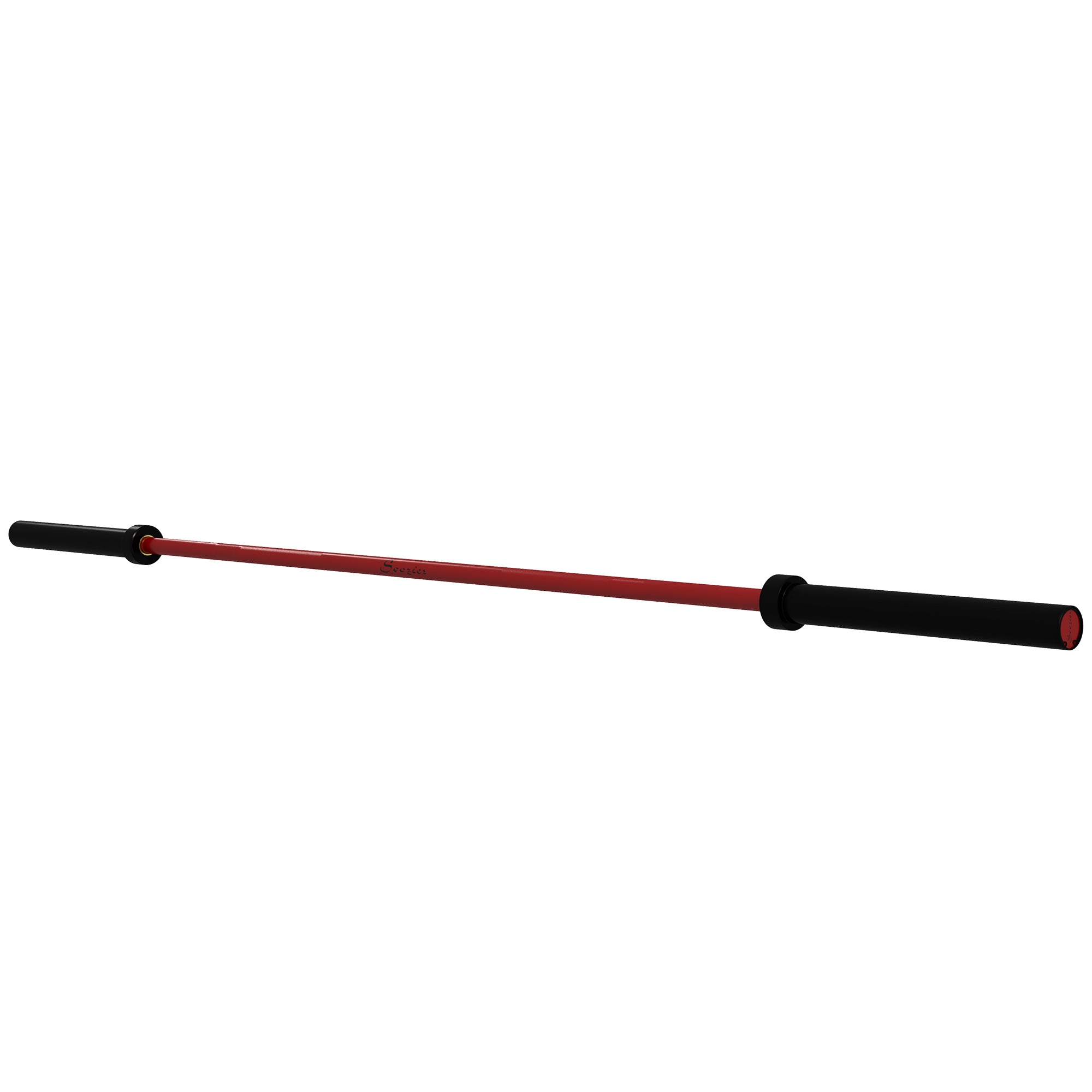 Olympic barbell with non-slip knurling grip and red finish detail