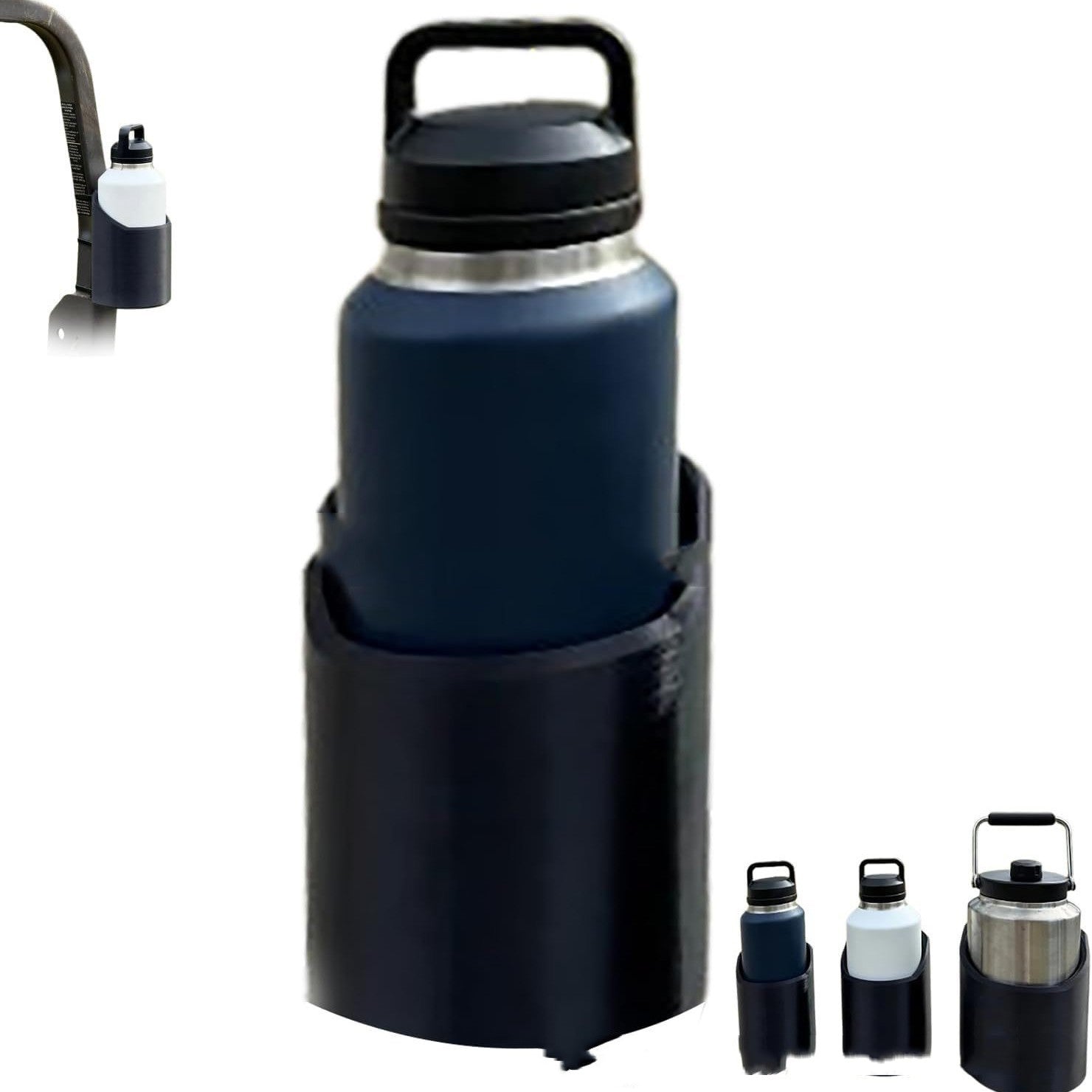 Magnetic bottle holder mounted on flat metal surfaces holding large water bottles