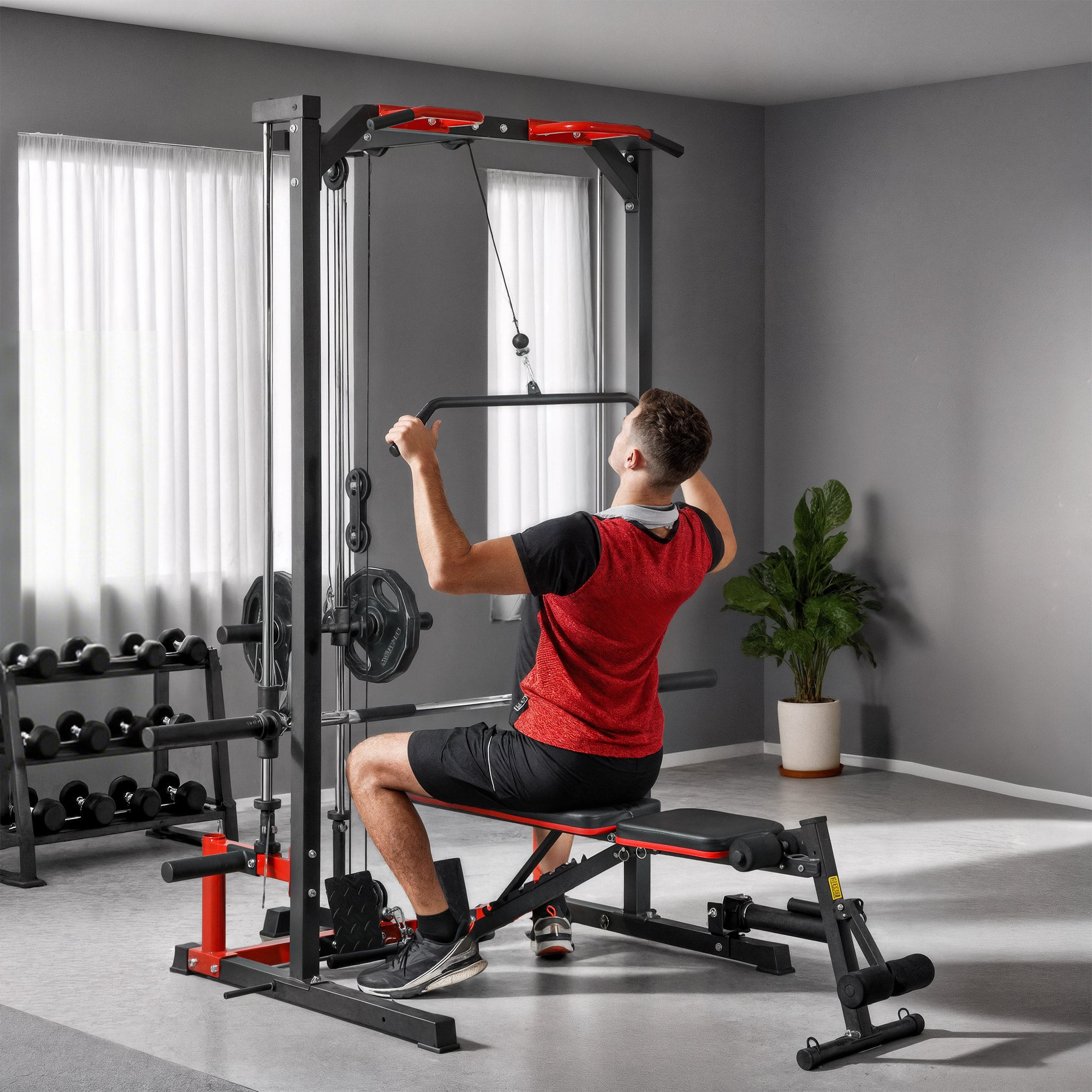 man using lat pulldown on smith machine power rack in home gym
