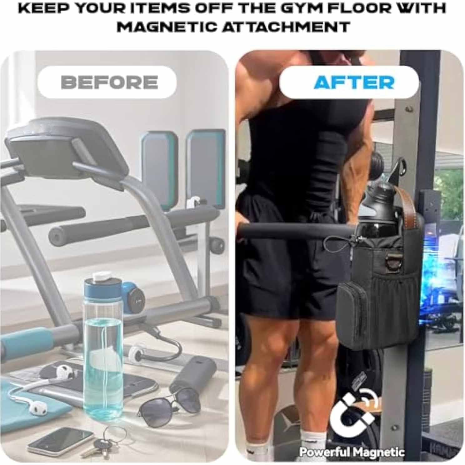 Magnetic gym water bottle holder bag attached to gym equipment