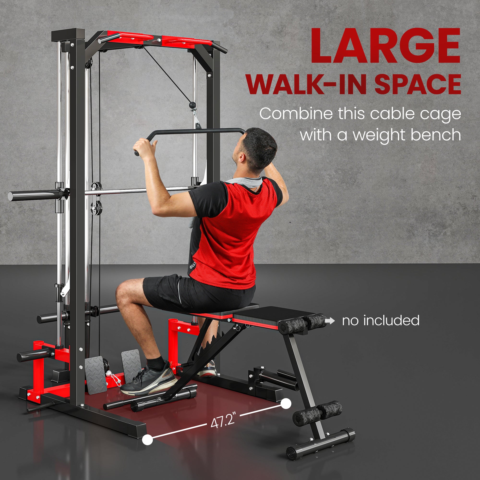 large walk in space on smith machine power rack with lat pulldown and bench shown
