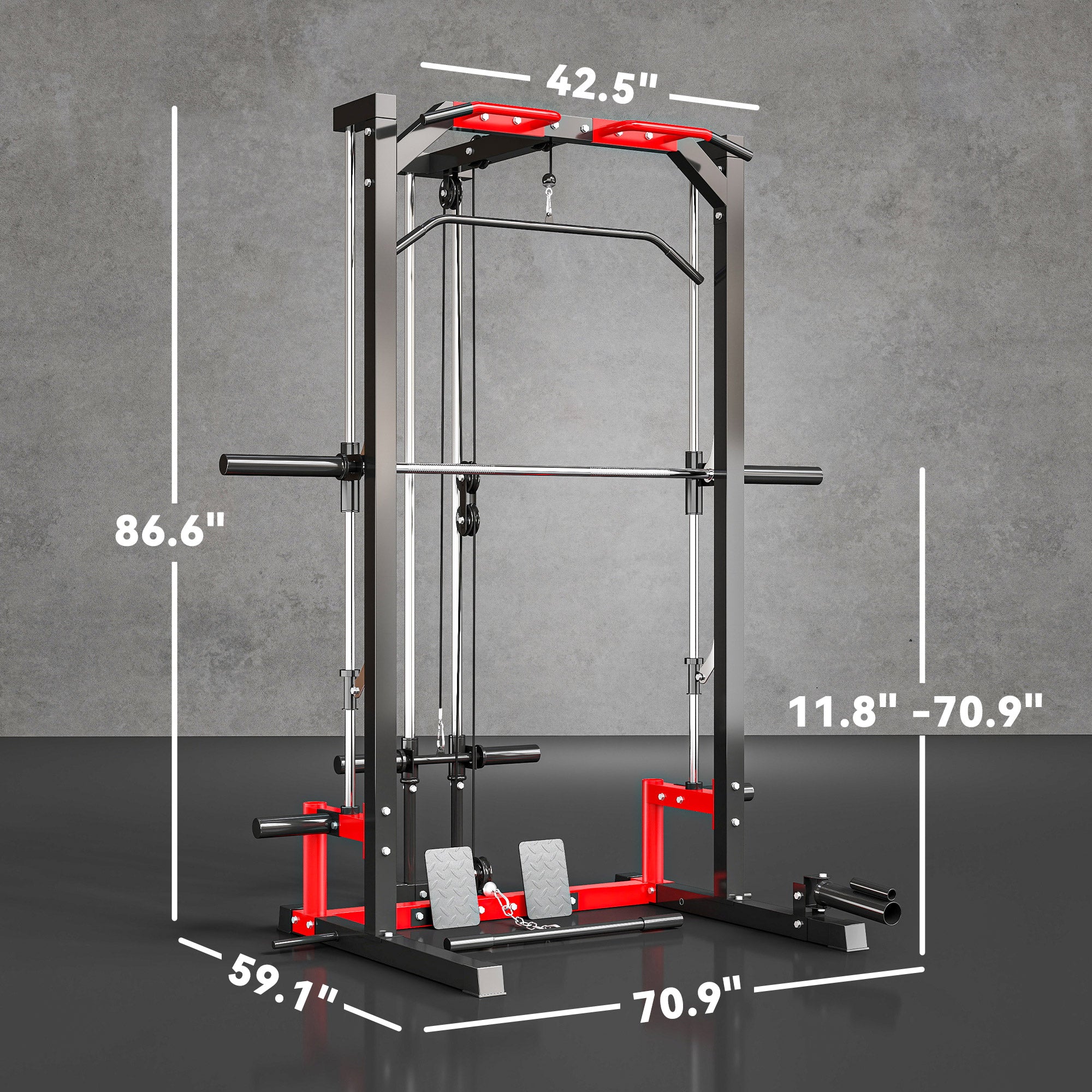 smith machine power rack dimensions showing height width and adjustable barbell rack