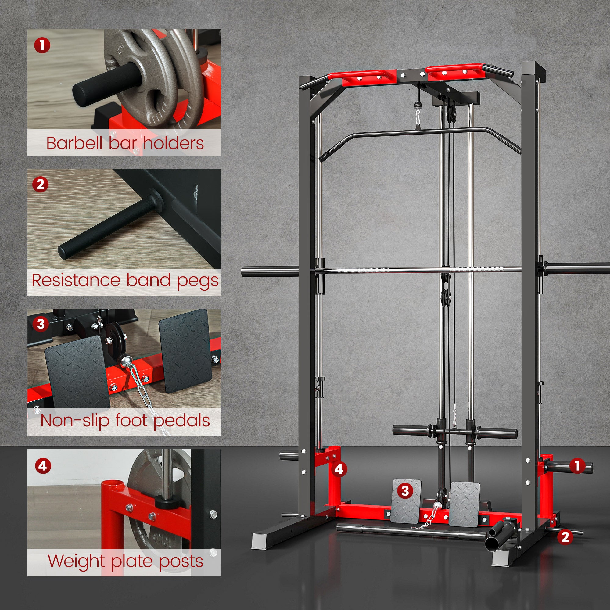smith machine power rack accessories showing barbell holders resistance band pegs foot pedals and weight plate posts