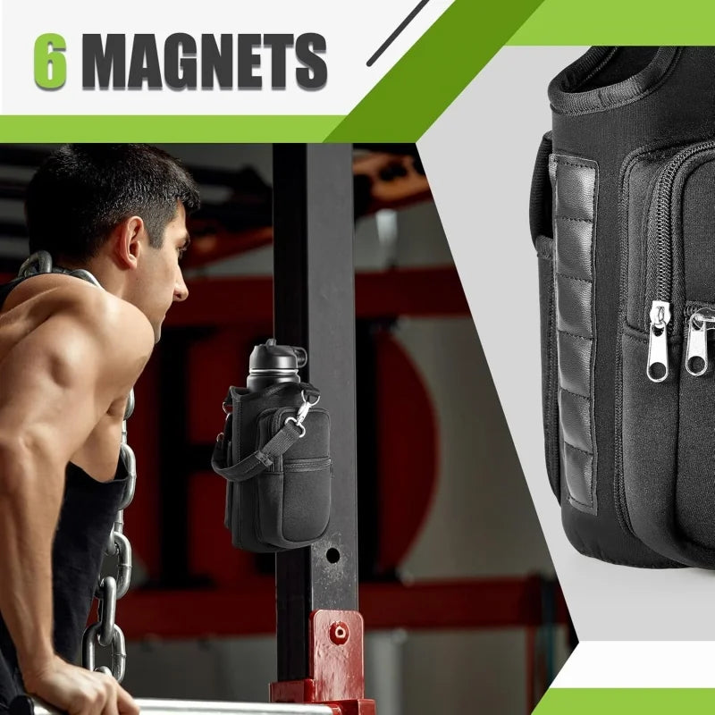 🧲Magnetic Water Bottle Holder Gym Water Bottle Carrier Bag W/ Phone Pocket Handle Shoulder Strap 6 Built-in Magnets Water Bottle