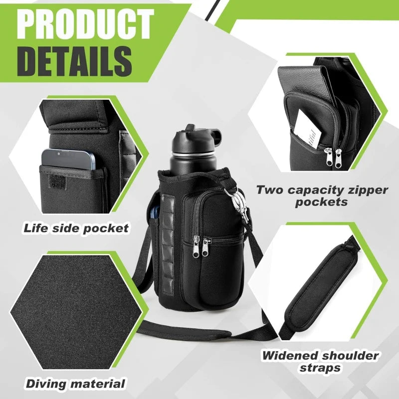 🧲Magnetic Water Bottle Holder Gym Water Bottle Carrier Bag W/ Phone Pocket Handle Shoulder Strap 6 Built-in Magnets Water Bottle