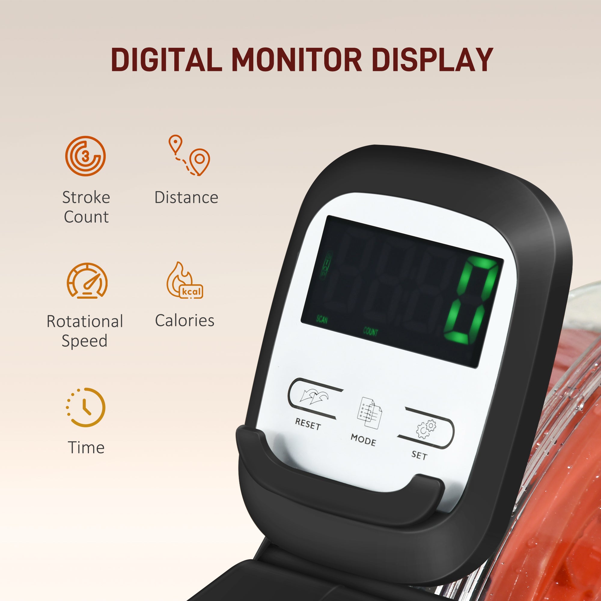 Foldable Water Rower with LCD Monitor & Tablet Holder – Red