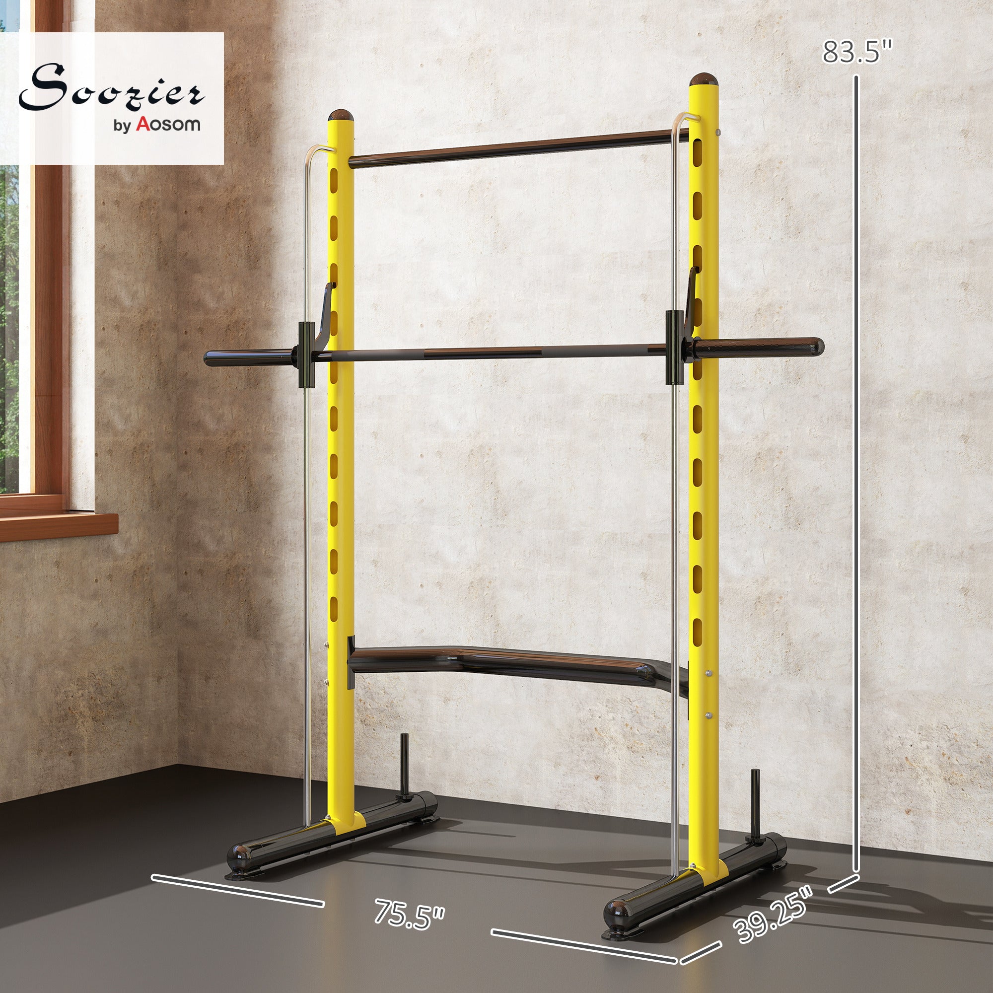 yellow adjustable squat rack with pull up bar and barbell stand showing dimensions