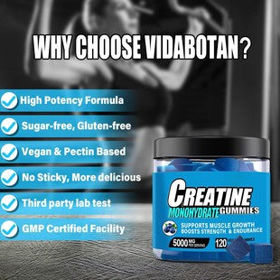 Creatine monohydrate gummies with supplement bottle, vegan and gluten-free