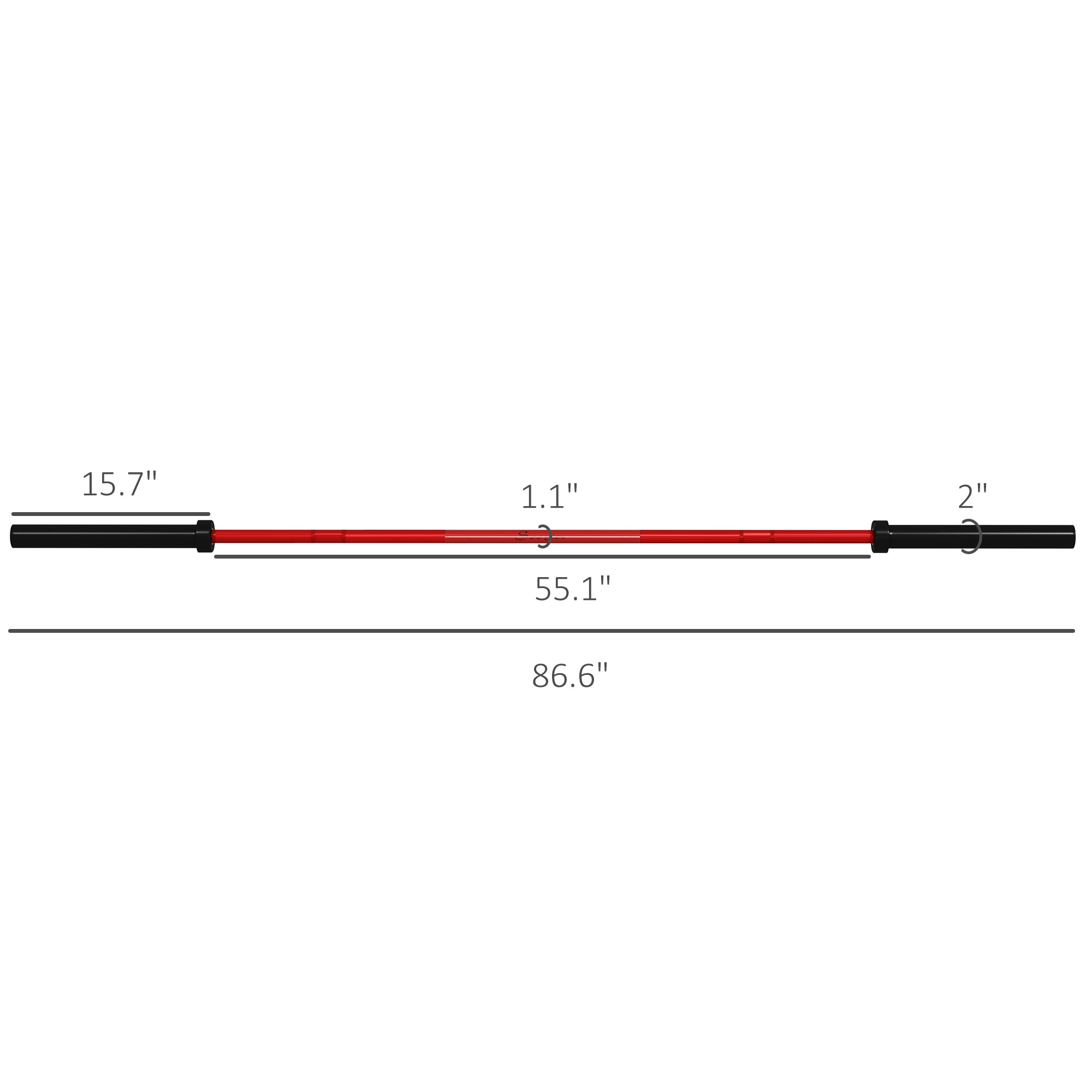 Olympic barbell with non-slip knurling grip and red finish detail